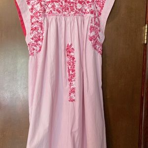 Mi Golondrina Short Flores Dress Sleeveless Embroidered Pink & White Chambray